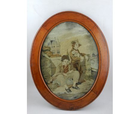 A mid 19th century tapestry depicting two peasants by a riverside, monogrammed AS and dated 1846 H:45cm, W: 34cm