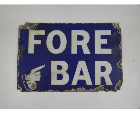 An early 20th century blue enamel sign, 'Fore Bar' with hand pointer, 26 x 38cm