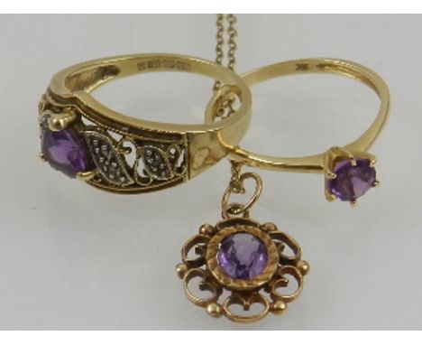 A 9 carat yellow gold and amethyst pendant and chain, together with a 9 carat yellow gold and amethyst ring, set heart-shaped