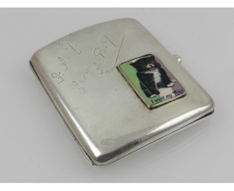 A silver calling card case, decorated with later enamel plaque depiciting a kitten before the Suffragette flag.