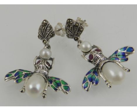 A pair of white metal, pearl, and plique a jour enamel earrings in the form of insects. 