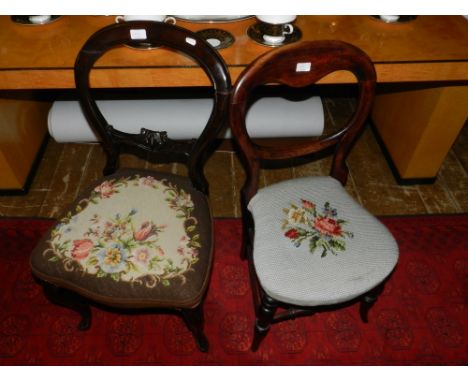 Four various Edwardian dining and salon chairs with tapestry upholstered seats.