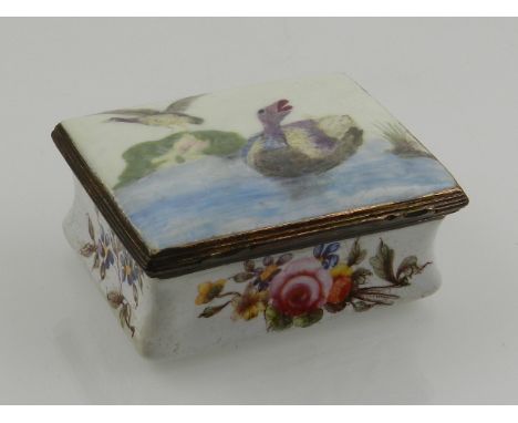 A 19th century and later Bilston patch box, of rectangular form, the lid decorated with ducks on a lake, W. 7cm
