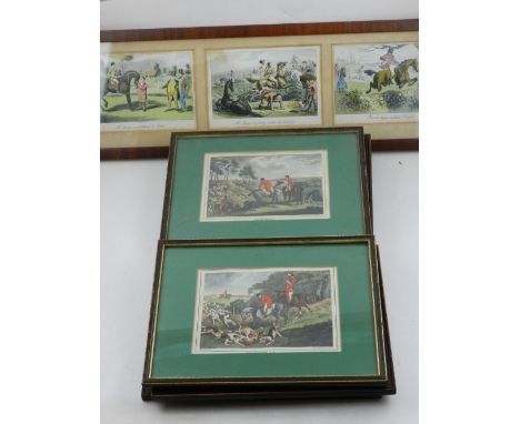 Six late 19th century coloured engraving of fox hunting, together with another coloured engraving when 'Mr Sponge is introduc