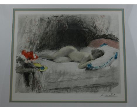 After Antoine Calbert (French, 1860-1944), Sleeping Nude, coloured lithograph, signed in pencil lower right. H: 27cm W: 32cm