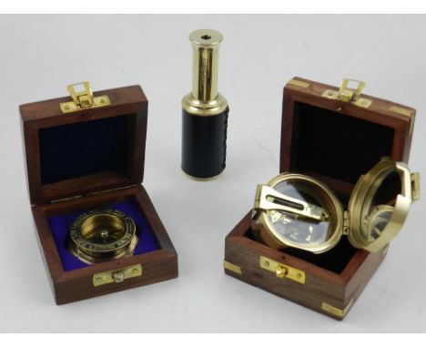 A Brompton compass, together with a Henry Hughes naval style compass, and a miniature telescope.