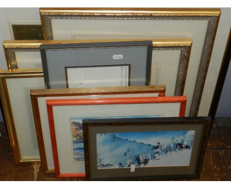 A small quantity of 19th and 20th century prints, including an interesting 18th century Dutch canal scene, (qty).