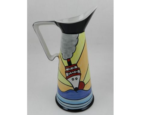Lorna Bailey, England. In the Art Deco taste, a ceramic jug decorated with a ship at sea, entitled 'Cruise'. H: 27cm