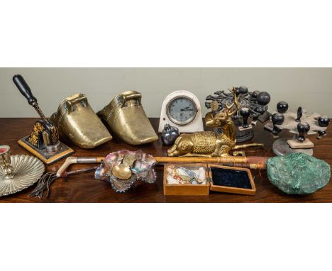 A pair of antique South American brass stirrups together with; a Smith's automobile timepiece and later stand; a group of pap