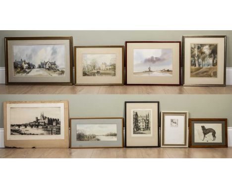 A group of 20th century watercolours and etchings to inlclude a river view by Ken Messer; a watercolour of King's Mill, Oxfor
