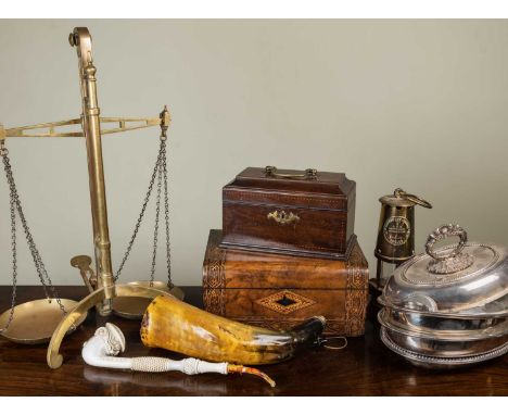 A victoran walnut work box and further items to include an old horn powder flask; a 19th century mahogany tea caddy; a meersc