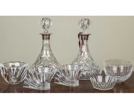 A pair of modern cut glass decanters with silver mounted rims; a pair of Rosenthal Art Deco-style candle holders; an Orrefors