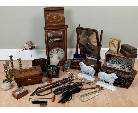 A group of miscellaneous items to include an American walnut wall clock; a 19th century rosewood workbox; two pairs of brass 