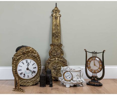 A collection of various wall and mantle clocks, French etc, to include a Portico clock with decorative inlay, spiralling colu