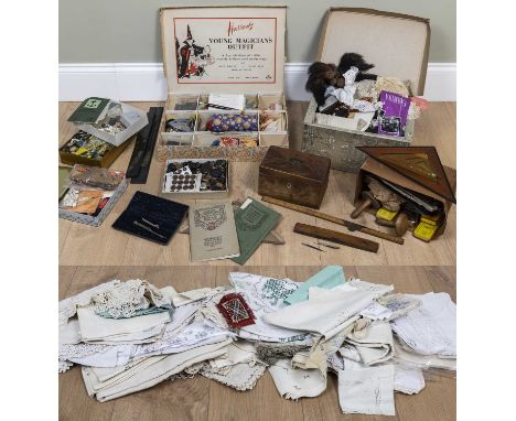 A collection of lace, buttons and embroidery tools; various leather making tools, punches and pamphlets; and a collection of 