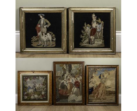 A group of five tapestry embroidered pictures depicting aristocrats in pastoral settings, all framed and glazed, the largest 