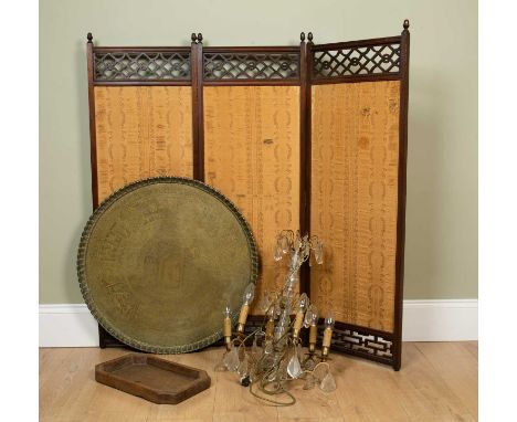 An Edwardian mahogany three-fold low screen with fretwork ornament, each section 40cm wide x 121cm high; together with a larg
