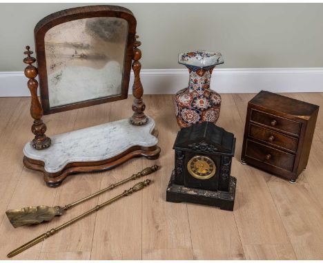 A group of miscellaneous items consisting of a black slate clock, a small 19th century mahogany collector's chest of three dr