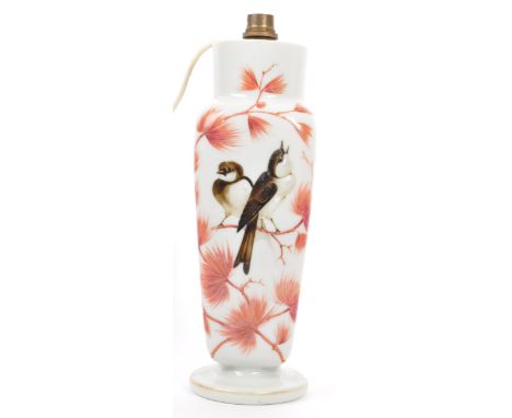 A vintage mid 20th Century hand painted ceramic table lamp light. Having a square tapered body raised on circular base, with 