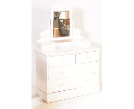 A Victorian 19th century painted oak dressing chest ( table ) of drawers. Raised on a plinth base&nbsp; having bank of short 