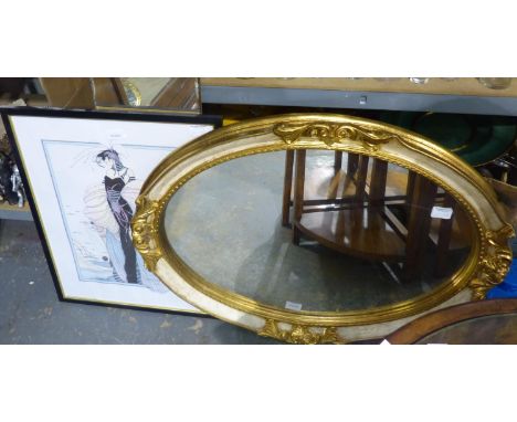 Frameless wall mirror, gilt framed mirror and a fashion print. Not available for in-house P&amp;P 