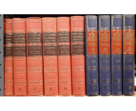 Two sets of leather bound Winston Churchill books, some minor damage to bottom corners of some, some staining to outside of o