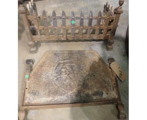 Metal fire back with tavern scene and a fire grate. Not available for in-house P&amp;P 