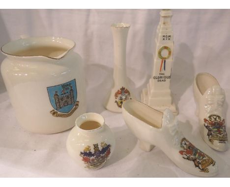 Six Crested ware ceramics including a City of London cenotaph example, largest H: 10 cm. P&amp;P Group 2 (£18+VAT for the fir