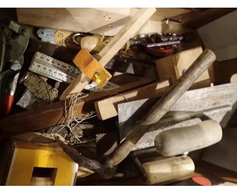 Box of assorted tools including a pickaxe. Not available for in-house P&amp;P 