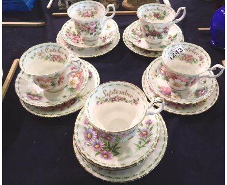 Royal Albert Flower of The Month cups and saucers, all first quality, gilding in good condition, one saucer has hairline crac