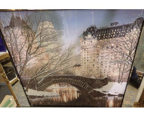 Pagazzi (20th century): mixed media print, The Plaza hotel NYC, within mirrored frame, overall, 86 x 85 cm. Not available for