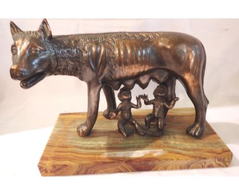 Bronzed cast metal figurine of Romulus and Remus feeding from Lupa on marble base, H: 12 cm. P&amp;P Group 1 (£14+VAT for the