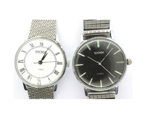 SEKONDA: two gents steel cased manual wind wristwatches, the first with circular white dial, Roman chapters and steel mesh br