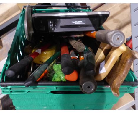 Box of mixed tools including saws. Not available for in-house P&amp;P 