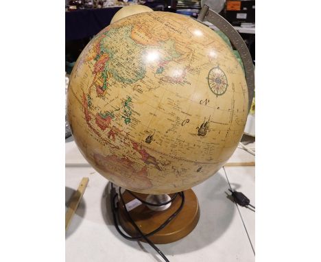 Globe lamp on a wooden base, H: 50 cm, with European plug. Not available for in-house P&amp;P 