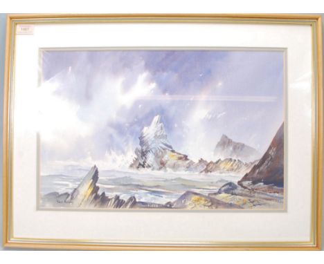 David Bellamy. A 20th Century Watercolour painting of a seascape. Featuring a stormy sea, rock faces and dark rain clouds. Mo