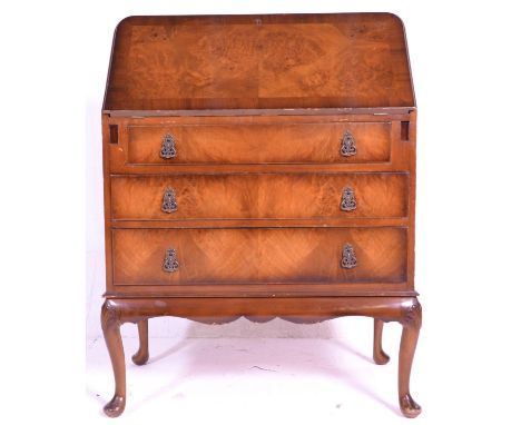 A mid century burr walnut Queen Anne revival ladies bonheur de jour / writing bureau desk being raised on cabriole legs with 