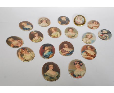 A collection of 17 portrait miniature printed panels of oval form on metal backs depicting Henrietta Maria, Caroline Brunswic