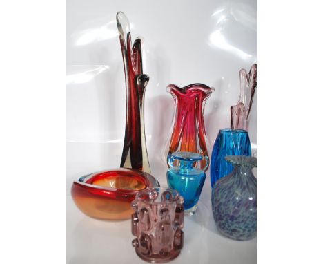 A good collection of ten, 20th century vintage glass vases of different shape and colour to include examples like Murano Glas