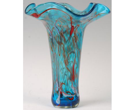 Viz Glass - A stunning large contemporary studio art glass vase having a wide ruffled rim with tapering and waisted body in a