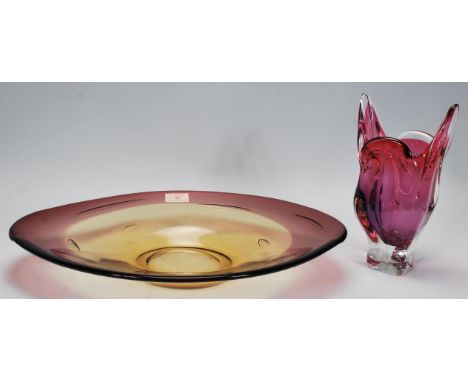 Art Glass - A retro 20th Century oval glass table centrepiece / bowl of cherry and amber colour having a good&nbsp;polished p