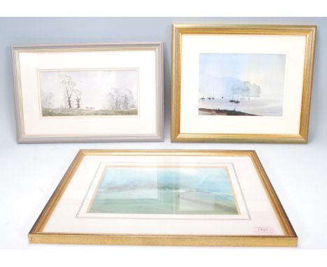 A group of three late 20th Century original watercolour on paper landscape paintings to include 'Off the Mawes' by John R Har