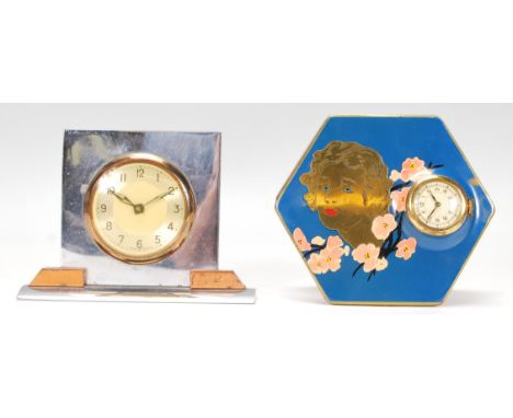 A vintage 20th Century Art Deco French made chrome desk clock together with an Art Deco ladies enamelled compact and watch co