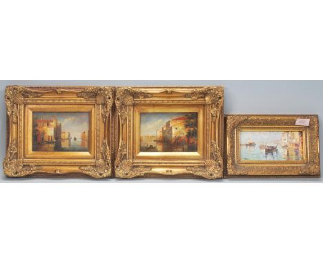 R . Cipriani. Three 20th Century oil on board paintings. Each depicting Venice canal scenes that feature gondolas and Venetia