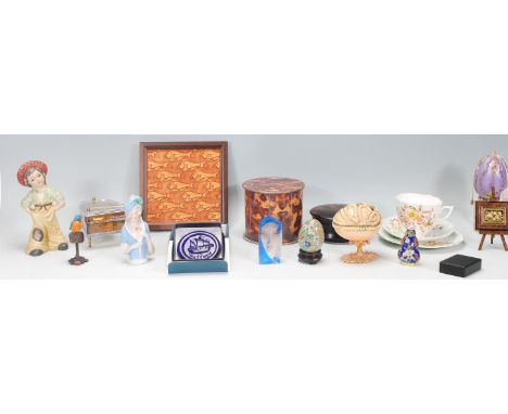 A selection of ornamental items to include a cloisonne egg and scent bottle, faux tortoise shell tea caddy, a small Chinese l