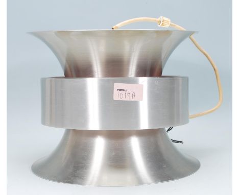 A Danish retro vintage aluminium ceiling light fixture having two trumpeted sections on top of each other with a band to cent