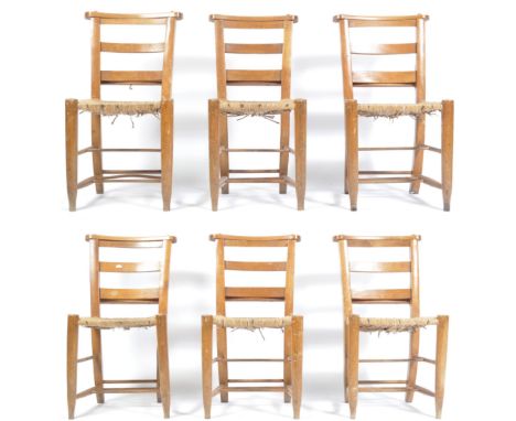 A set of six 19th Century antique vintage beech wood ecclesiastical chapel chairs having rail backrests with book / bible tro