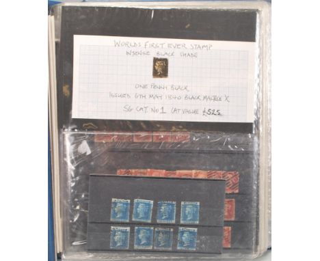 GB Victorian stamp collection with 1d Penny Black, 2d Blues (x8) 1/- Embossed, 1d Reds (x37) and (x13) on letters/envelopes. 