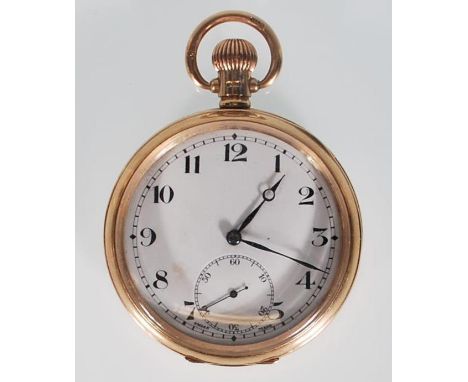 A hallmarked 9ct yellow gold open face pocket watch having a white enamel face with Arabic numeral chapter ring and&nbsp;subs