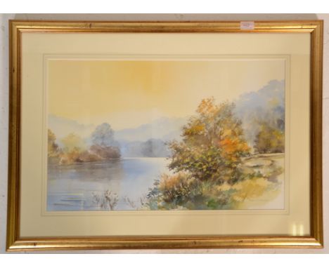 John R. Harris. A large 20th century British watercolour painting titled 'River Wye Near Monmouth'. Painted in 1994. Depicts 